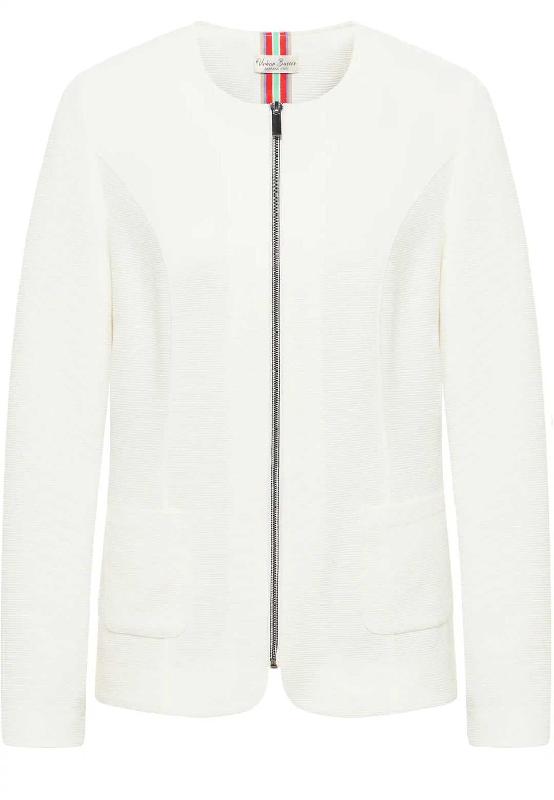 Ivory ribbed jacket with round neckline, front zip closure, and pockets, style 65170042-120