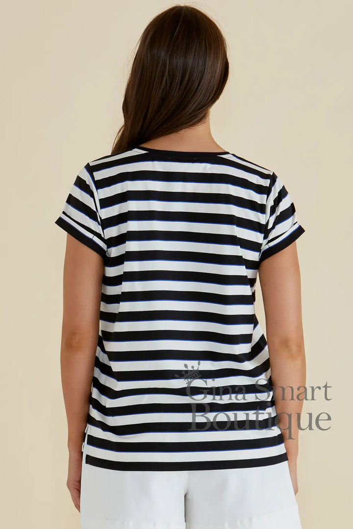 Betty Basics Caia Crew Tee back view is a black and white horizontal striped t-shirt.  Available from Gina Smart Boutique.