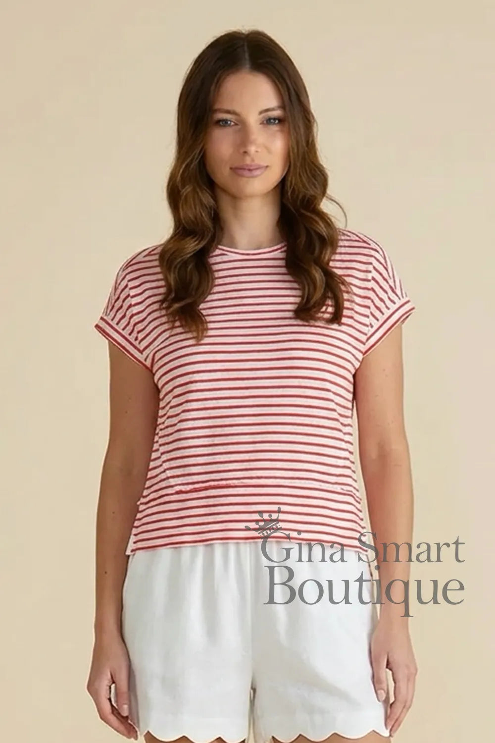 Watermelon and white short sleeve t-shirt with rolled cuffs available at Gina Smart Boutique