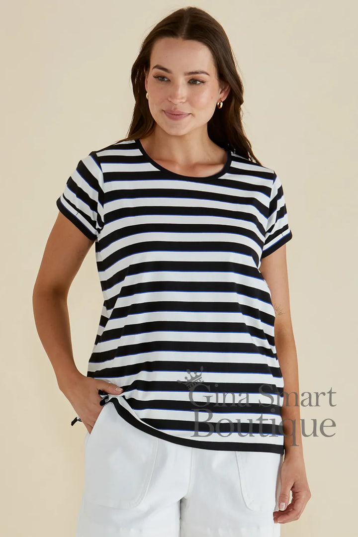 Betty Basics Caia Crew Tee is a black and white horizontal striped t-shirt.  Available from Gina Smart Boutique.