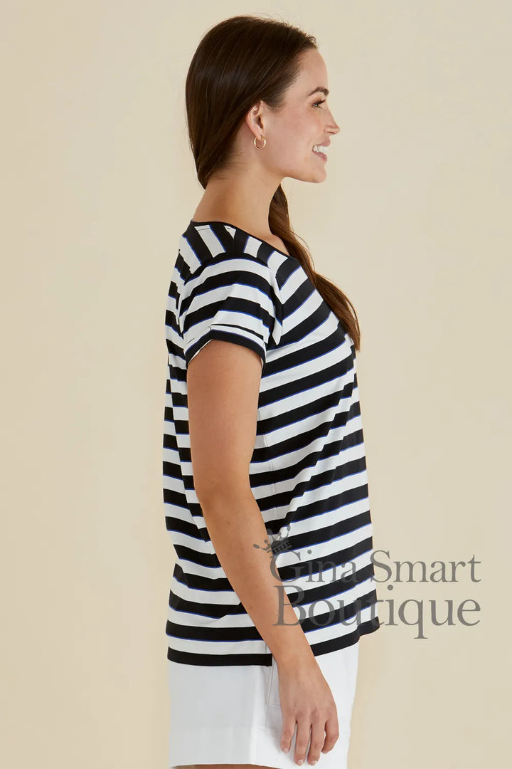 Betty Basics Caia Crew Tee side view is a black and white horizontal striped t-shirt.  Available from Gina Smart Boutique.