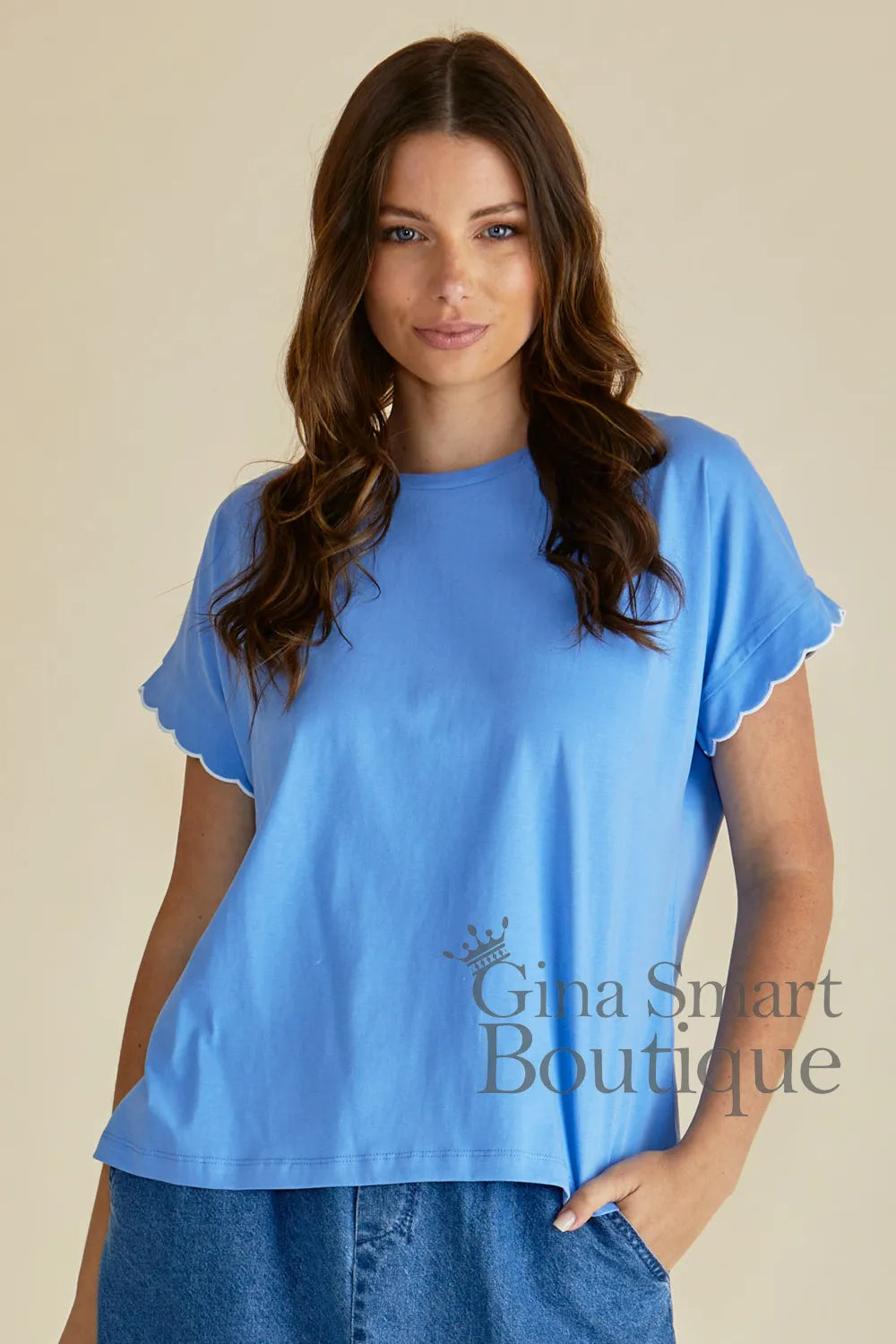 Betty Basics Cornflower T Shirt is a crew neck t-shirt with white trimmed scalloped sleeves.  Available at Gina Smart Boutique.