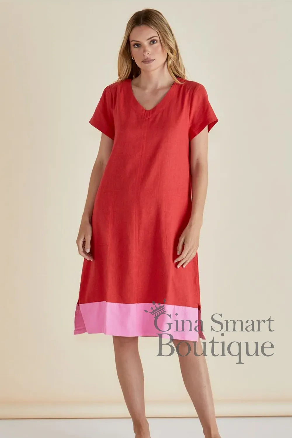 Betty Basics short sleeve red v-neck midi dress with a pink colour block hem - available at Gina Smart Boutique