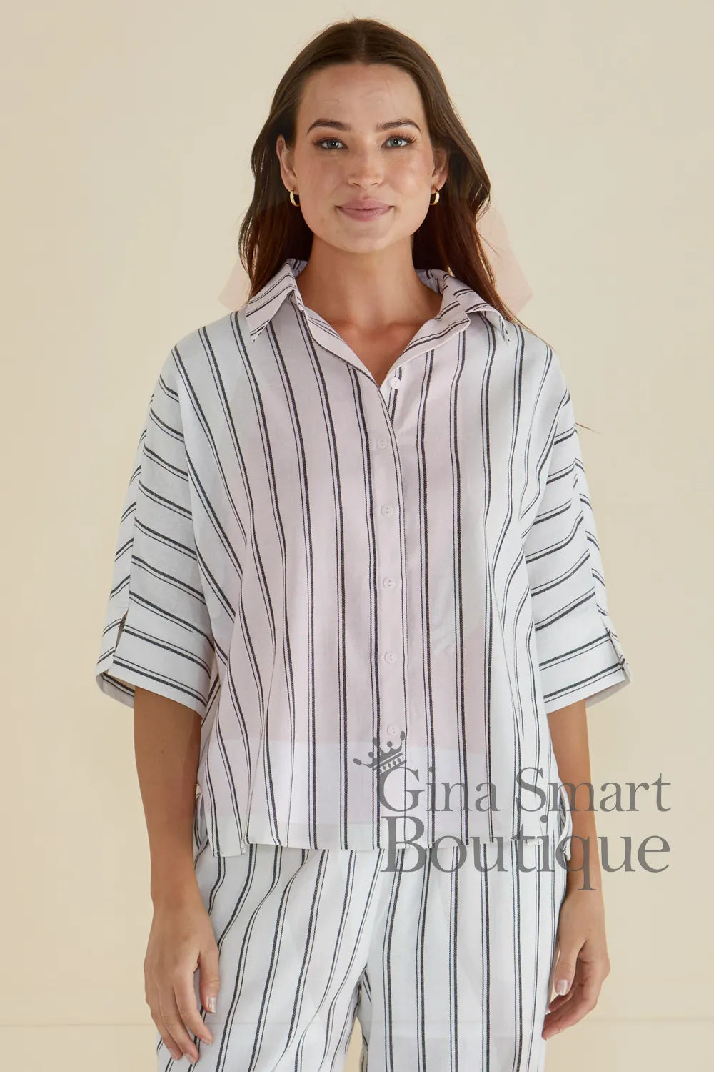 Betty Basics White striped button down shirt with short sleeves - available at Gina Smart Boutique
