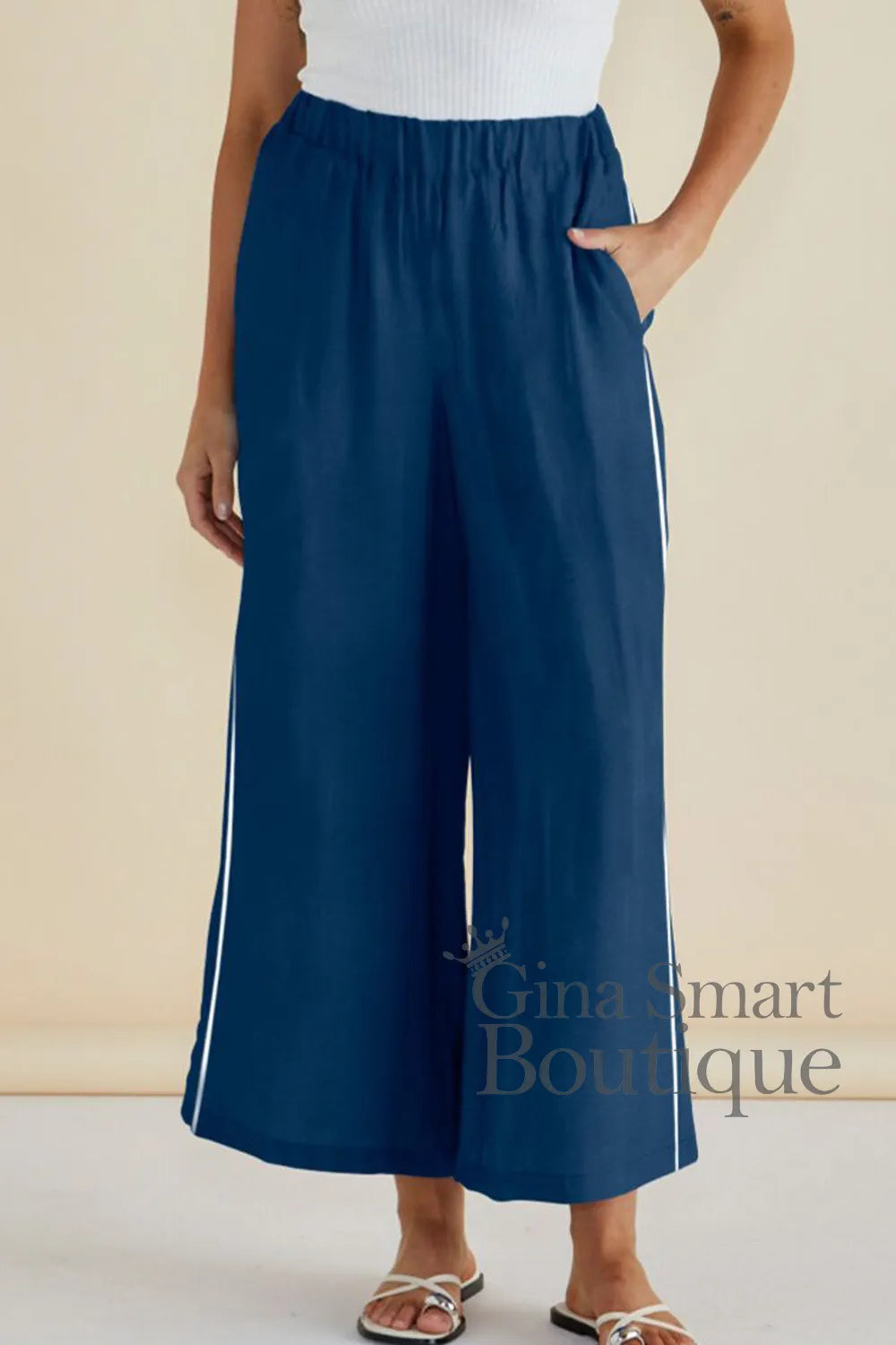 Betty Basics blue wide legged trousers with white side stripes and elastic waistband - available at Gina Smart Boutique