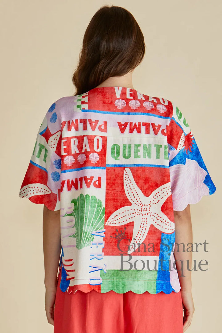 Betty Basics Scarlett Seashell Shirt rear view colourful button up shirt with a large starfish graphic and eclectic beach motifs - available at Gina Smart Boutique