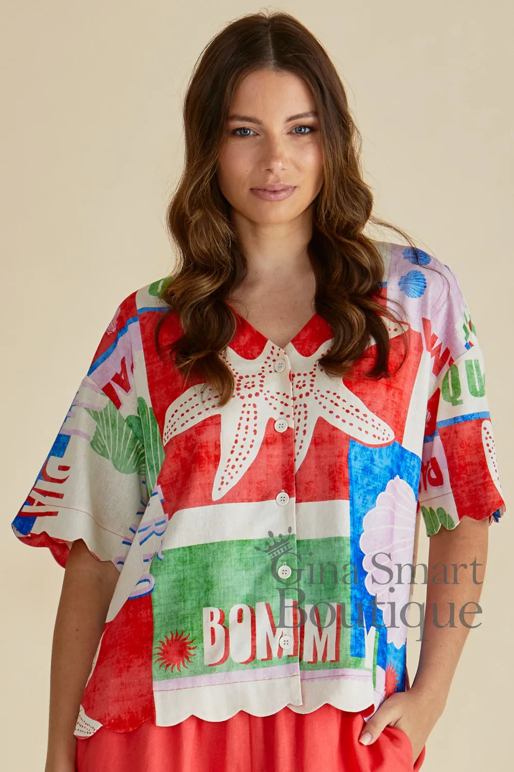 Betty Basics Scarlett Seashell Shirt colourful button up shirt with a large starfish graphic and eclectic beach motifs - available at Gina Smart Boutique