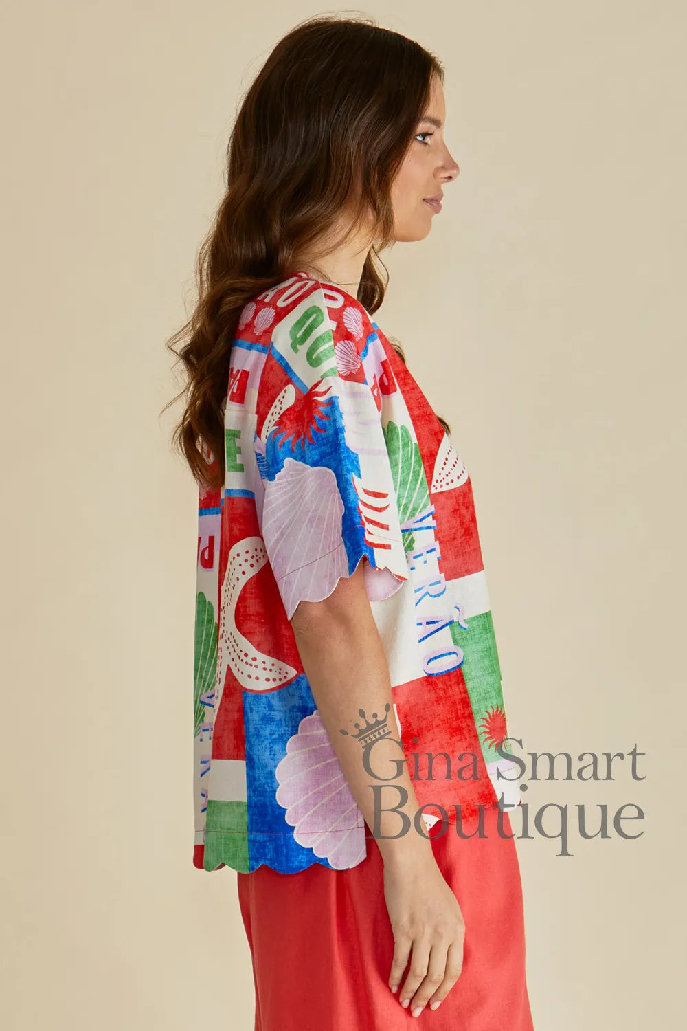 Betty Basics Scarlett Seashell Shirt side view colourful button up shirt with a large starfish graphic and eclectic beach motifs - available at Gina Smart Boutique