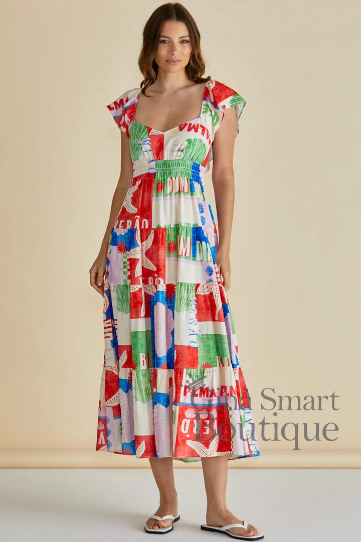 Betty Basics Sea Sadie Dress multi coloured midi dress with starfish graphics and flutter sleeves available from Gina Smart Boutique