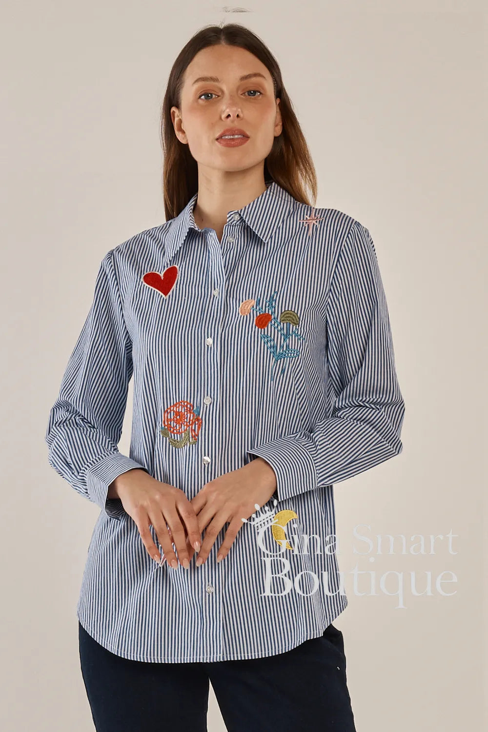 Betty Basics Amelia Floral Navy Stripe Shirt Style BB8576