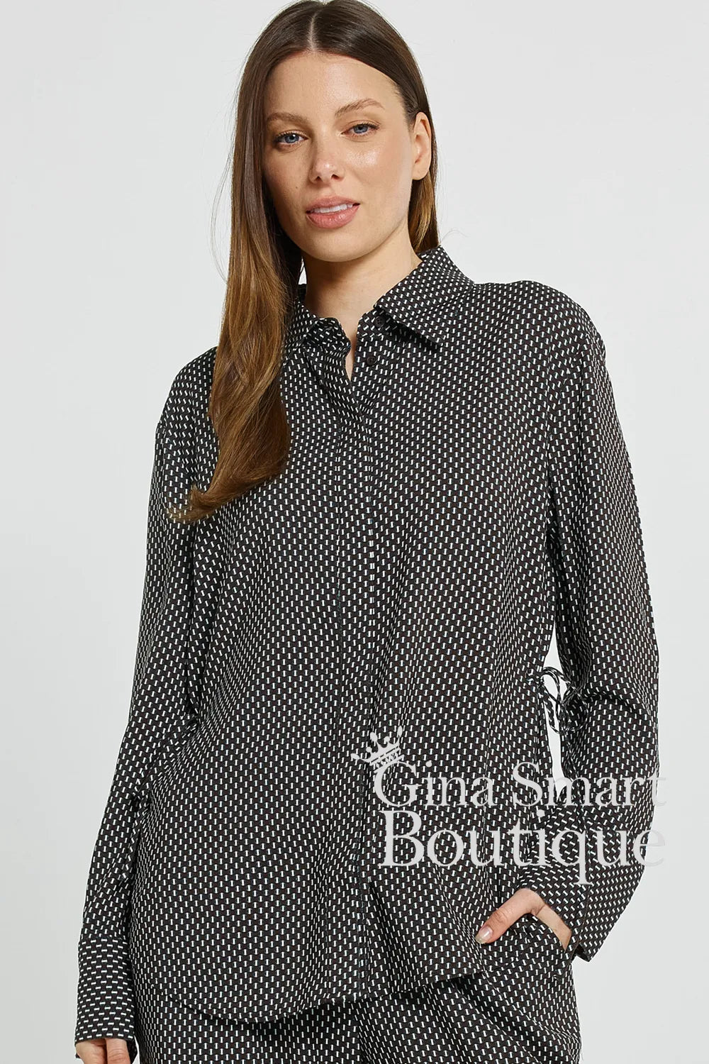 Betty Basics Nutmeg Geometric Print Tie Shirt - Style BB8585-N10