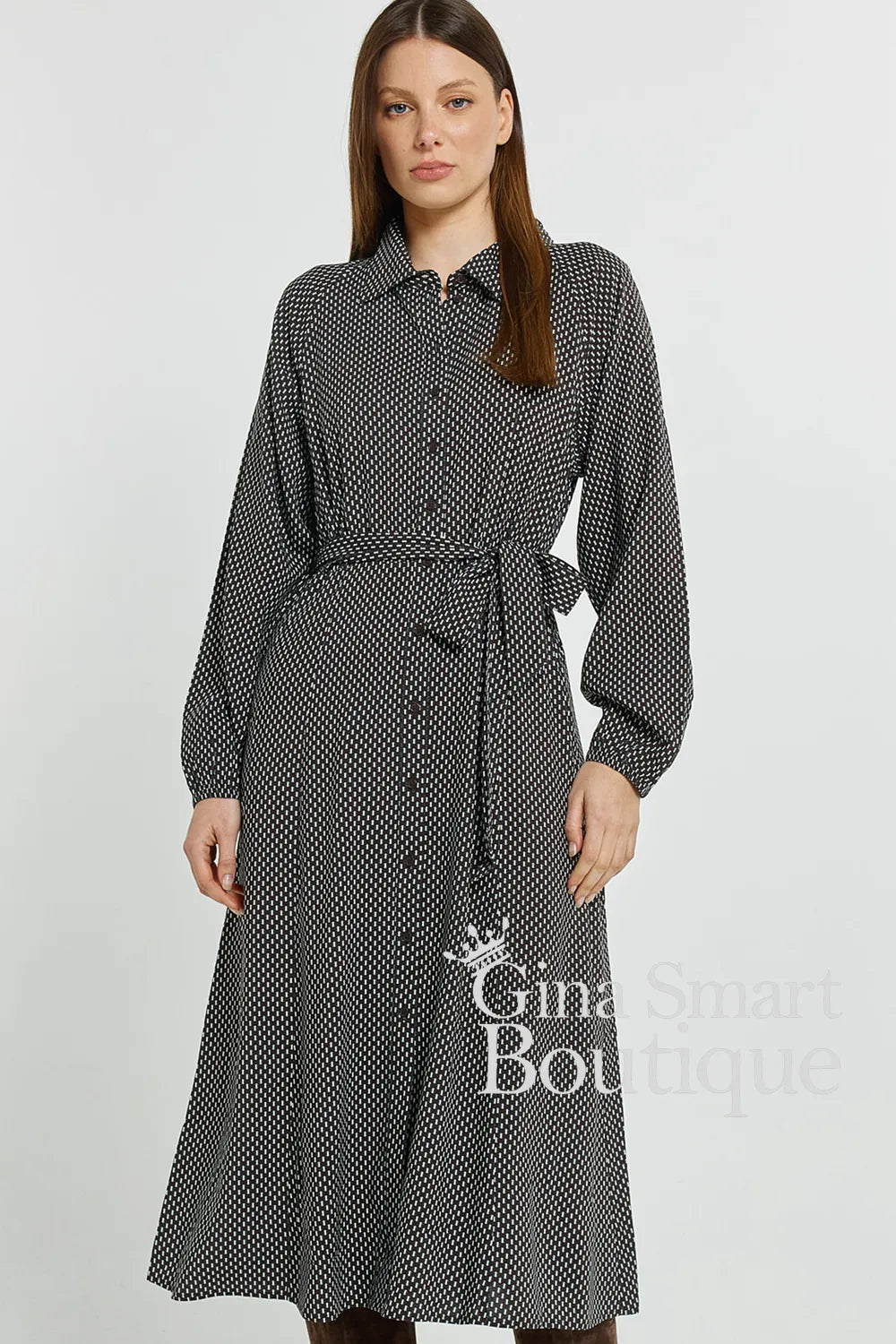 Betty Basics Nutmeg Geometric Print Tessa Shirt Dress - Style BB8587-N10