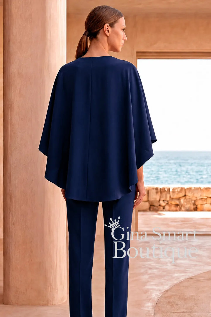 Carla Ruiz Navy Cape Overlay Blouse and Trouser Suit - Style 53088
