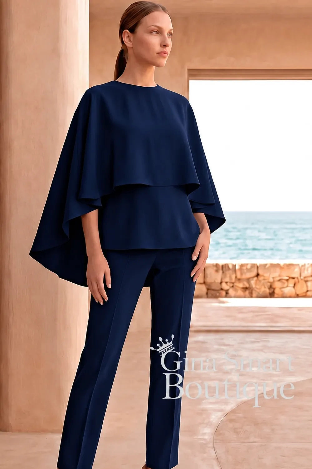 Carla Ruiz Navy Cape Overlay Blouse and Trouser Suit - Style 53088