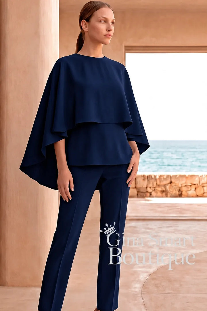 Carla Ruiz Navy Cape Overlay Blouse and Trouser Suit - Style 53088