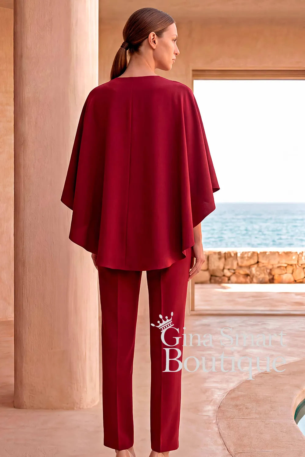 Carla Ruiz Scarlet Cape Overlay Blouse and Trouser Suit - Style 53088