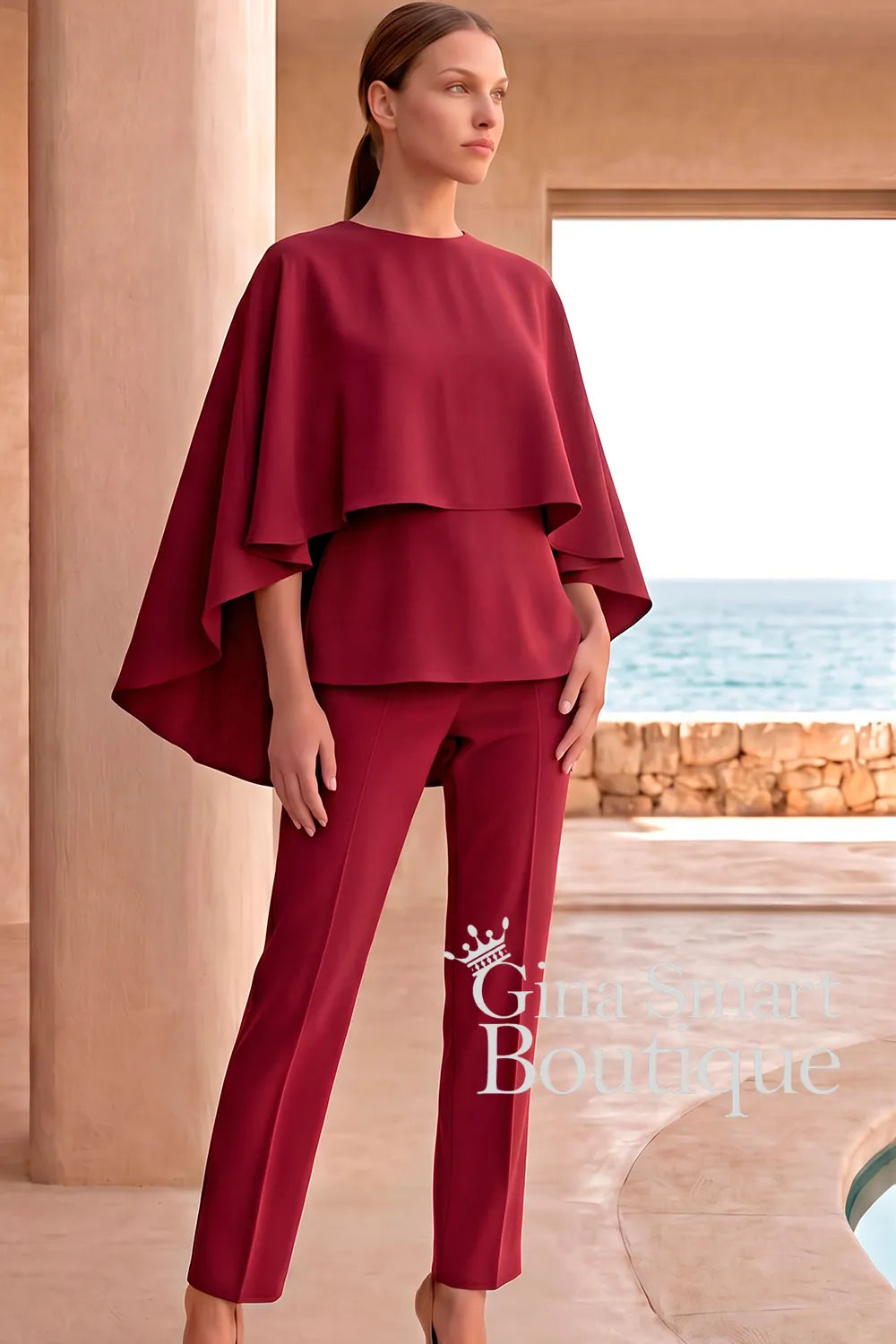 Carla Ruiz Scarlet Cape Overlay Blouse and Trouser Suit - Style 53088