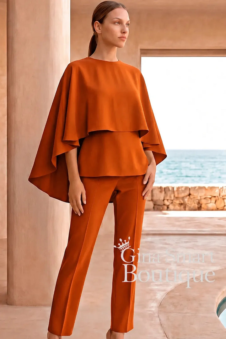 Carla Ruiz Terracotta Cape Overlay Blouse and Trouser Suit - Style 53088