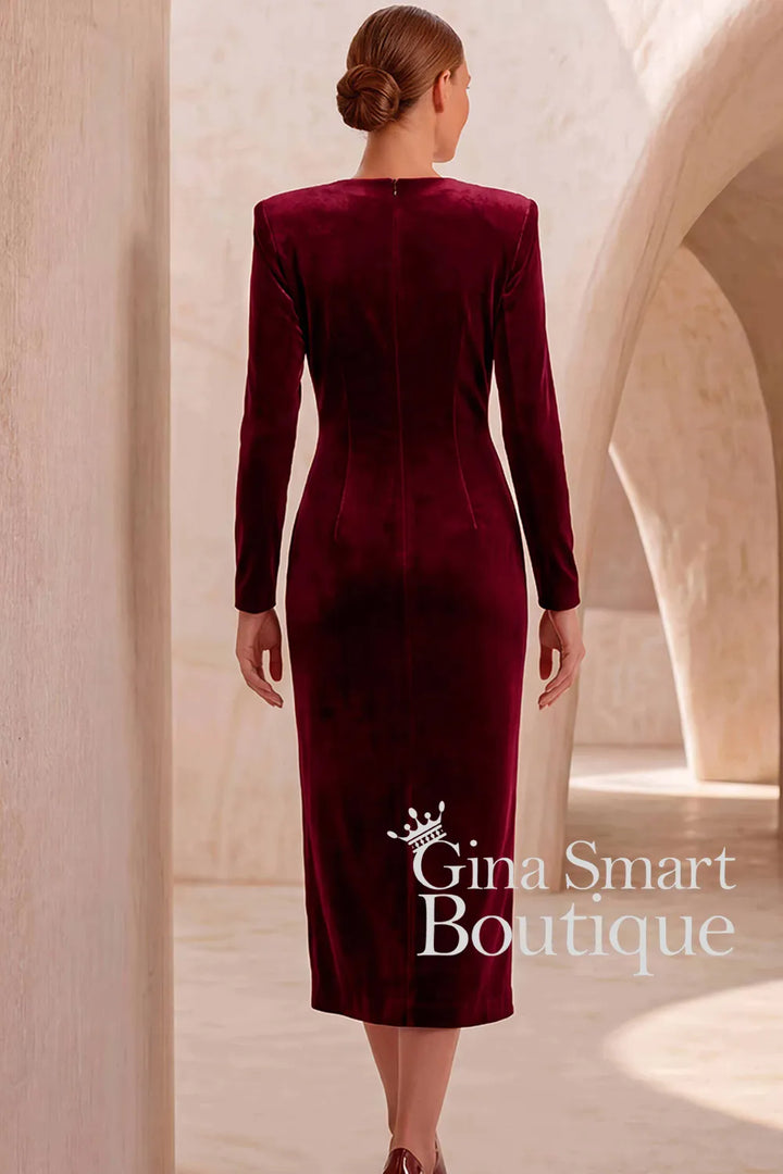 Carla Ruiz V-Neck Long Sleeve Burgundy Velvet Midi Dress - Style 53099