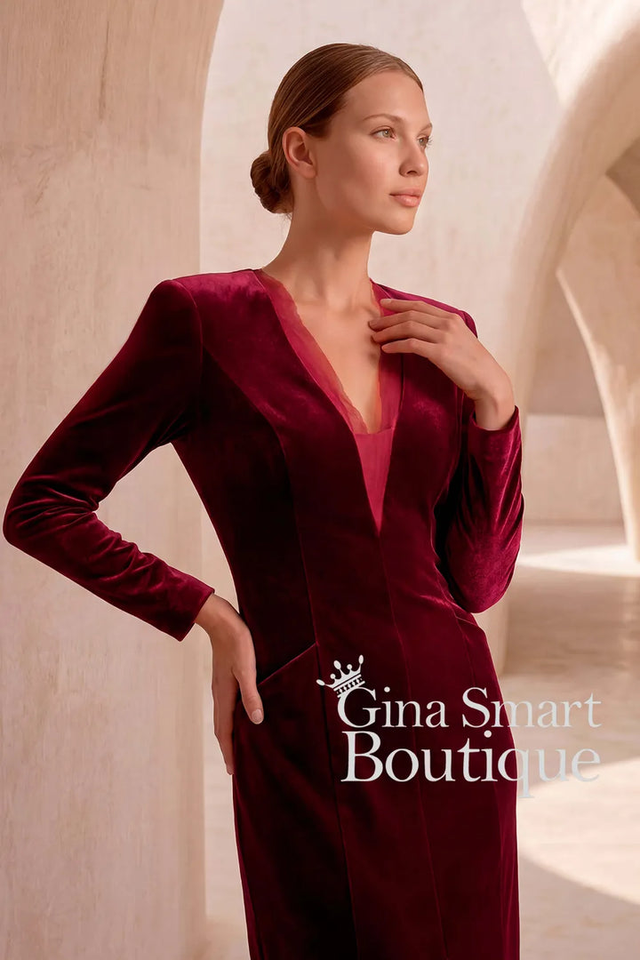 Carla Ruiz V-Neck Long Sleeve Burgundy Velvet Midi Dress - Style 53099