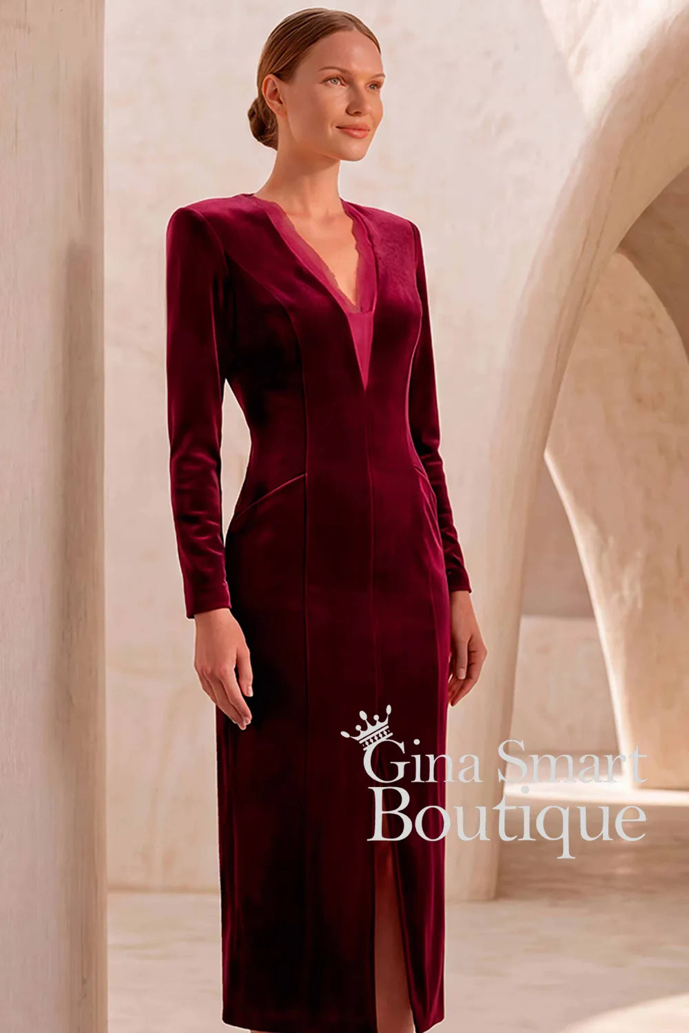 Carla Ruiz V-Neck Long Sleeve Burgundy Velvet Midi Dress - Style 53099