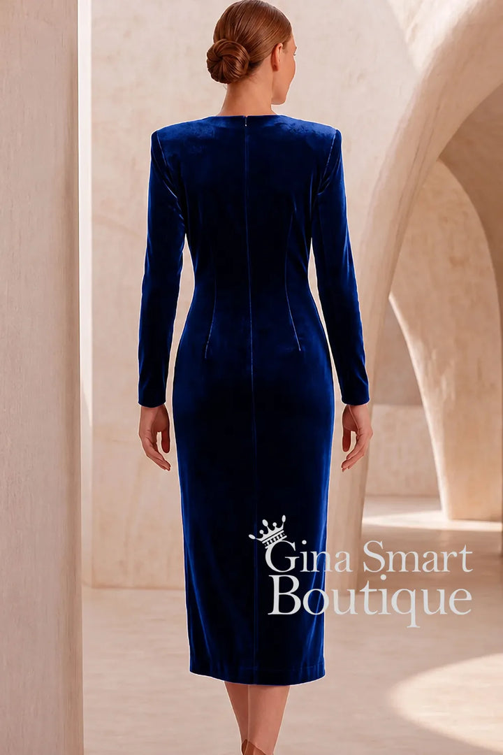 Carla Ruiz V-Neck Long Sleeve Navy Velvet Midi Dress - Style 53099