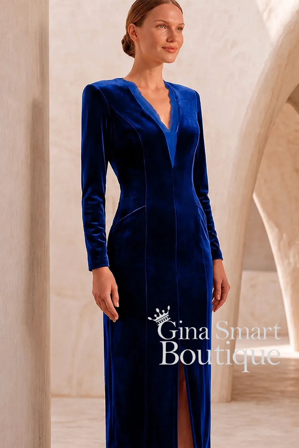 Carla Ruiz V-Neck Long Sleeve Navy Velvet Midi Dress - Style 53099
