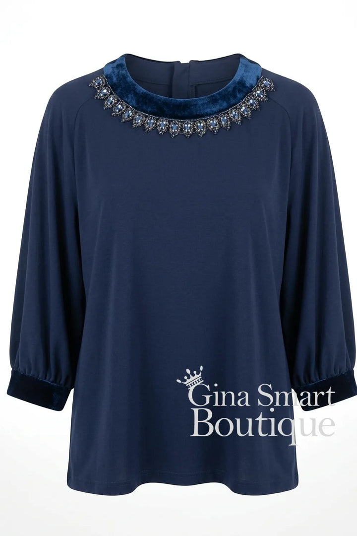 Carla Ruiz Navy Velvet Trim Top Style 53072