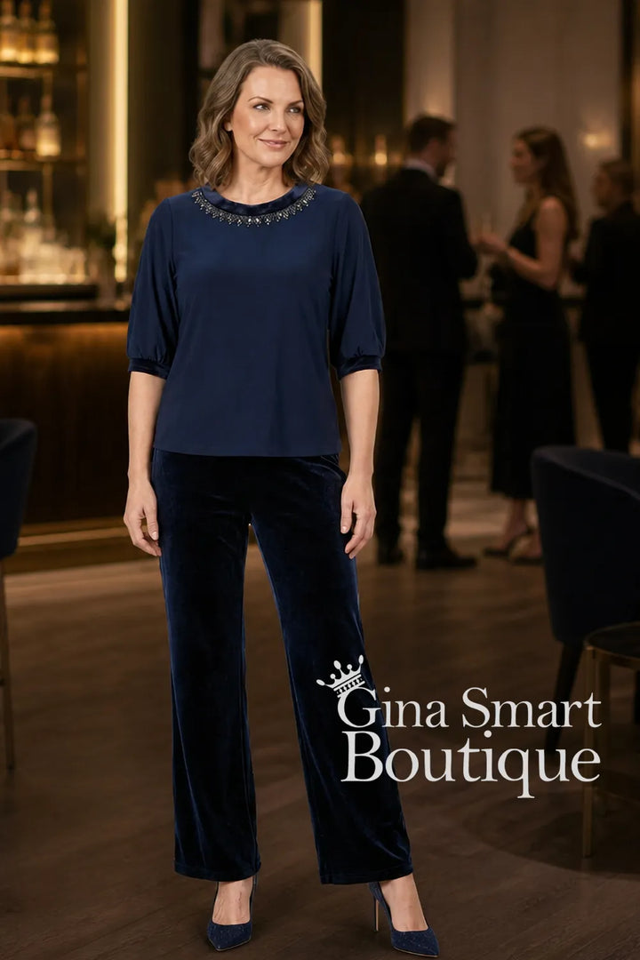 Carla Ruiz Navy Velvet Trousers Style 53101