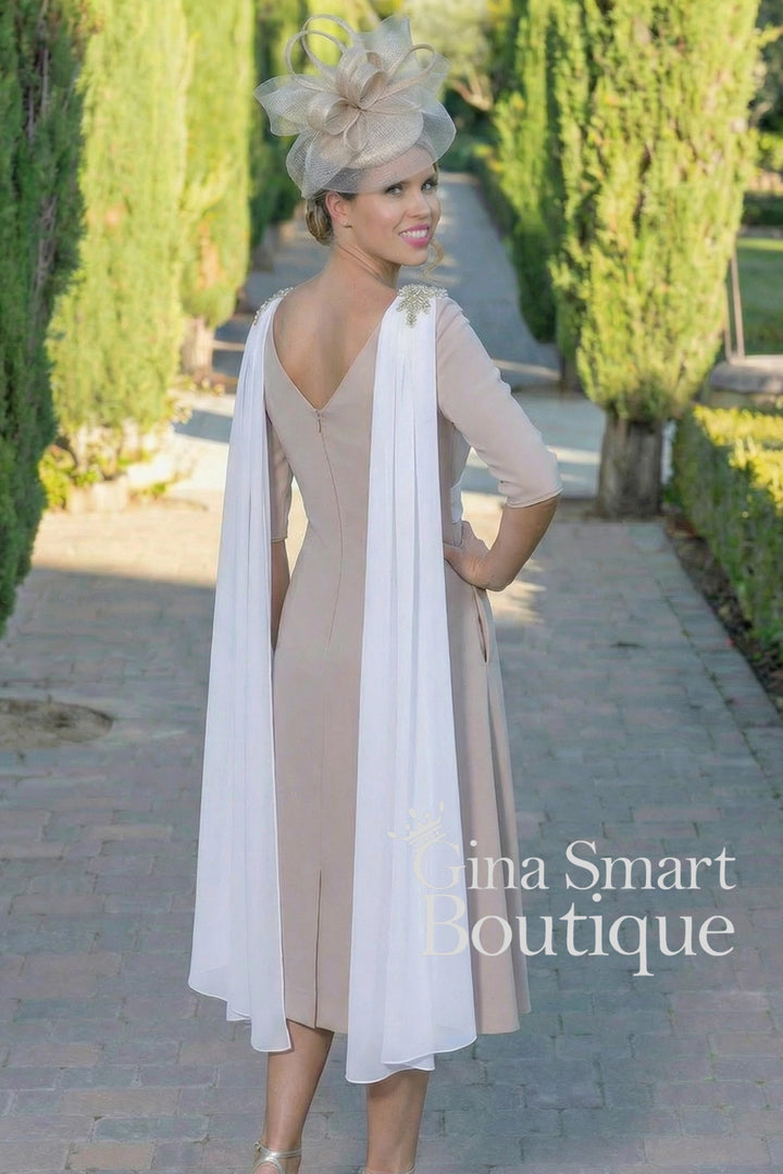 Carmen Melero Style 9001 Taupe Cape Dress NON RETURNABLE