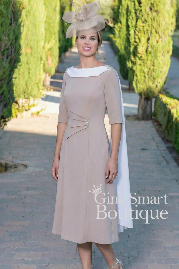 Carmen Melero Style 9001 Taupe Cape Dress NON RETURNABLE