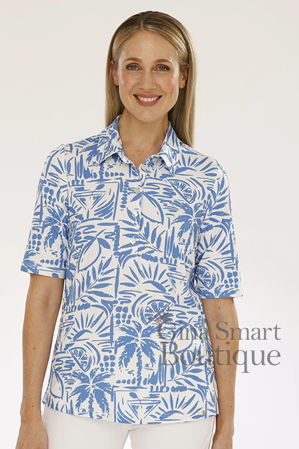 Gollehaug Blue and White Tee with palm print design.  Available at Gina Smart Boutique.