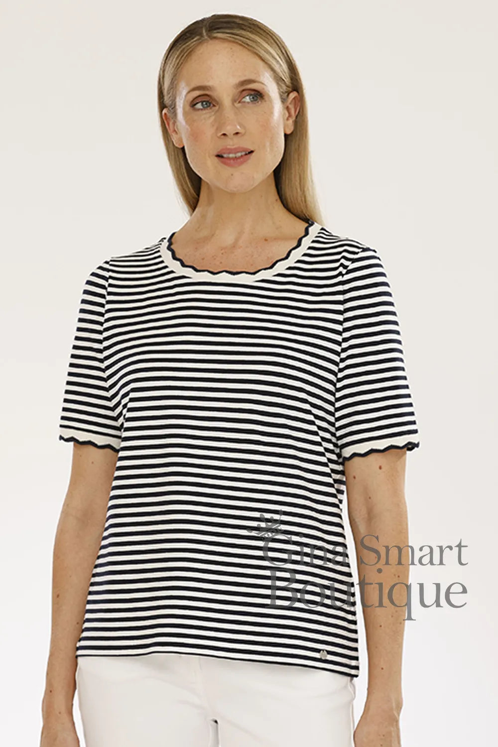 Gollehaug Navy and White striped t-shirt with scalloped edges at the neckline and cuffs.  Available at Gina Smart Boutique.
