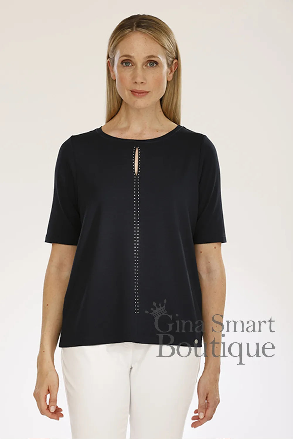 Gollehaug Navy T-Shirt featuring a keyhole neckline and vertical metallic stud detailing.  Available at Gina Smart Boutique.
