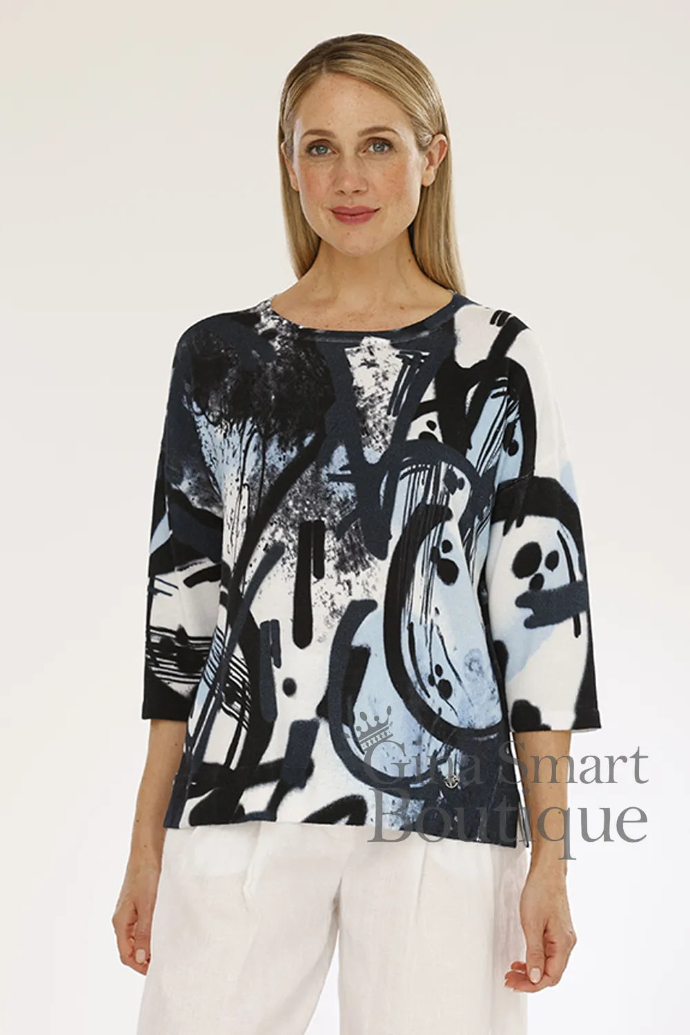 Gollehaug navy, white and blue three-quarter sleeve pullover.  Available at Gina Smart Boutique.