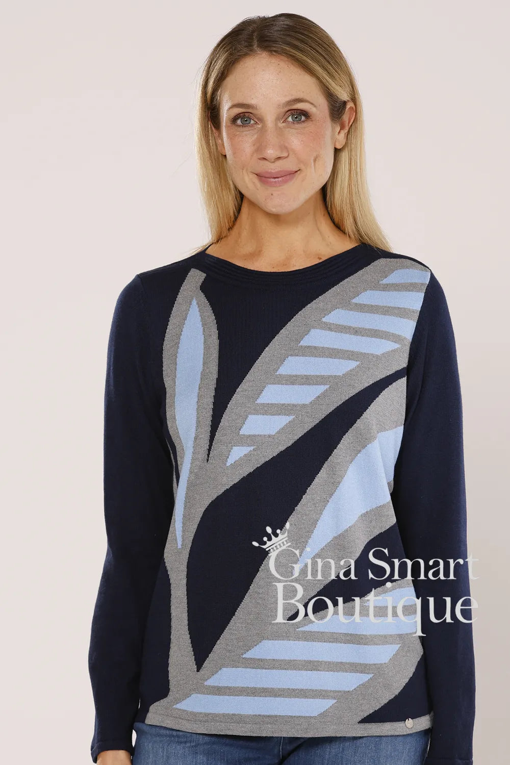 Gollehaug Navy Leaf Print Sweater Style 02621-11093