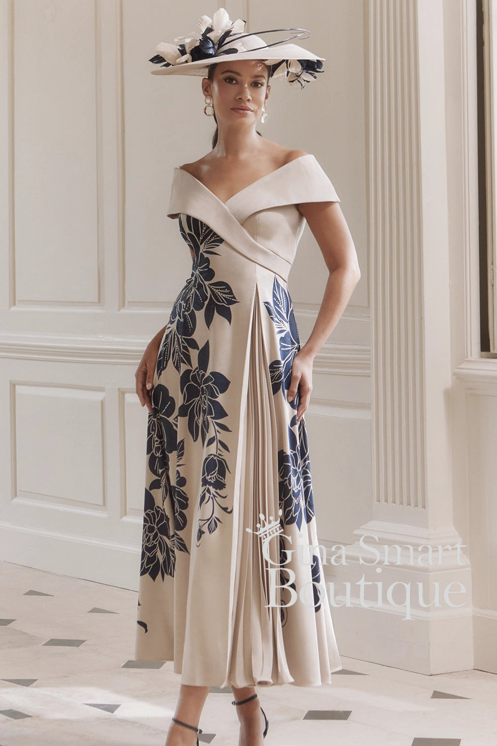 John Charles oyster and navy floral print dress with solid Bardot neckline and pleated skirt insert – elegant Mother of the Bride outfit.