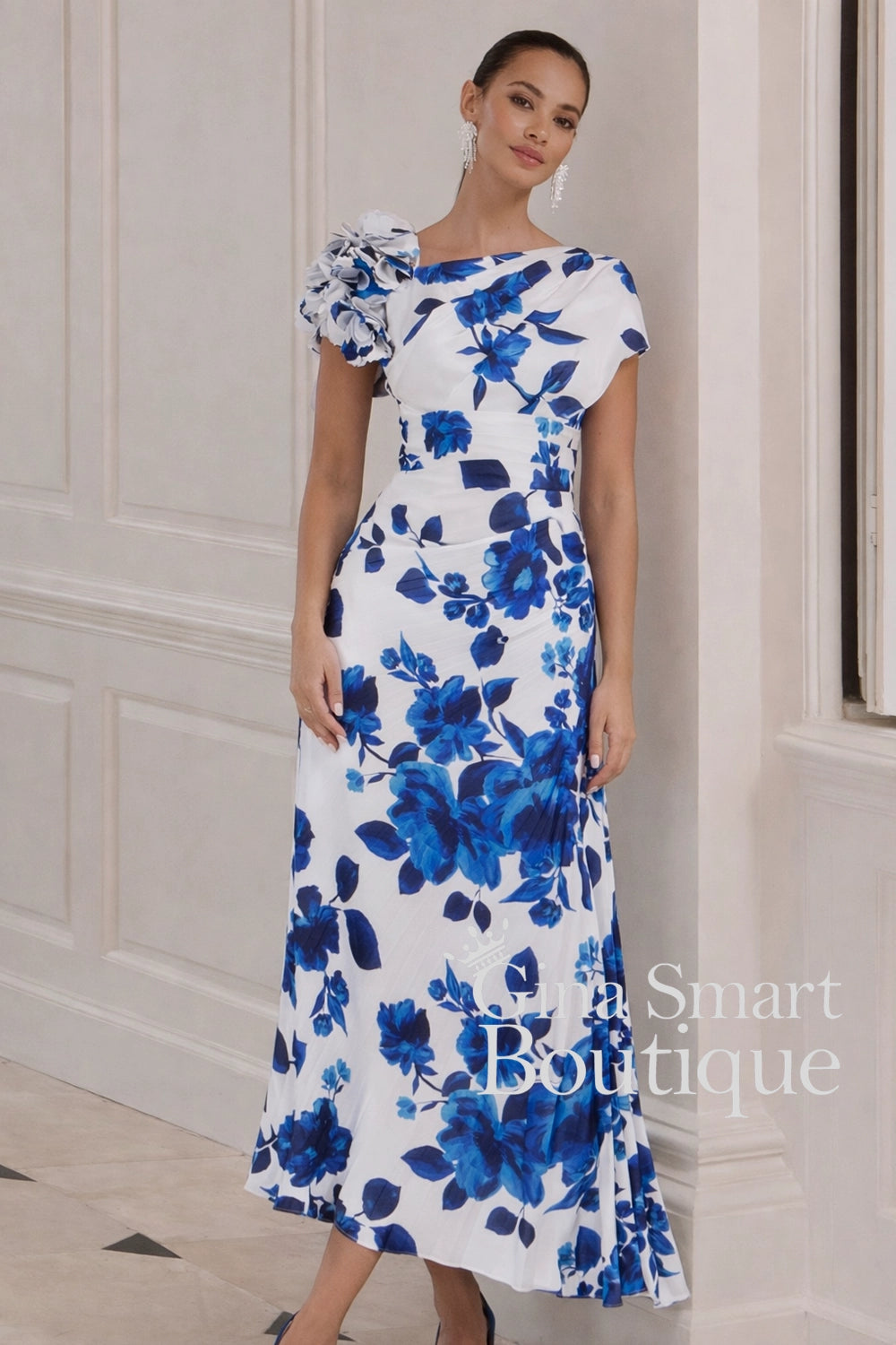 John Charles blue and white carnation floral print dress with one-shoulder ruffle detail – fresh and modern Mother of the Bride outfit.
