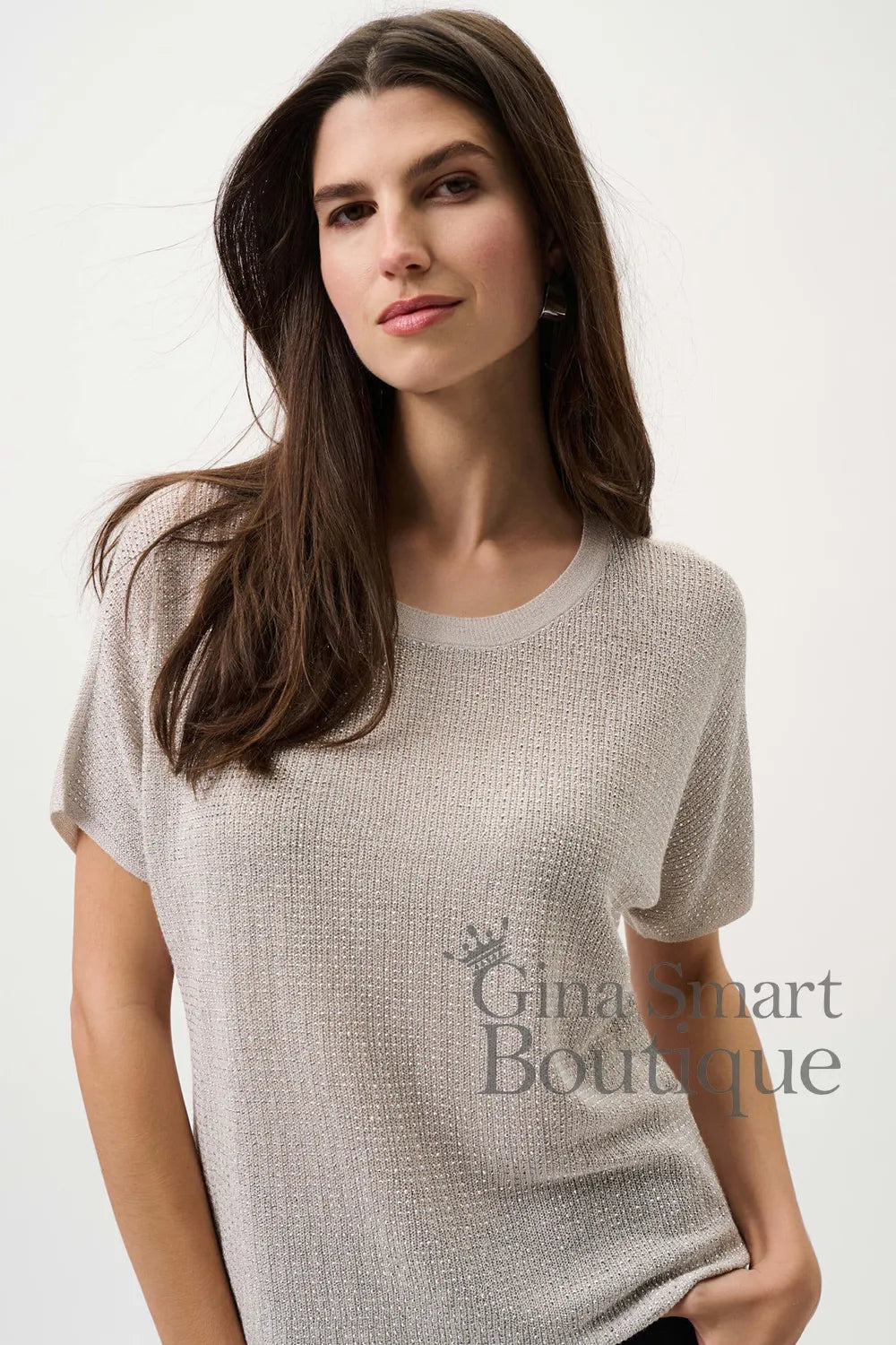 Joseph Ribkoff Moonstone Metallic Knitted T-Shirt with Rhinestones 263900