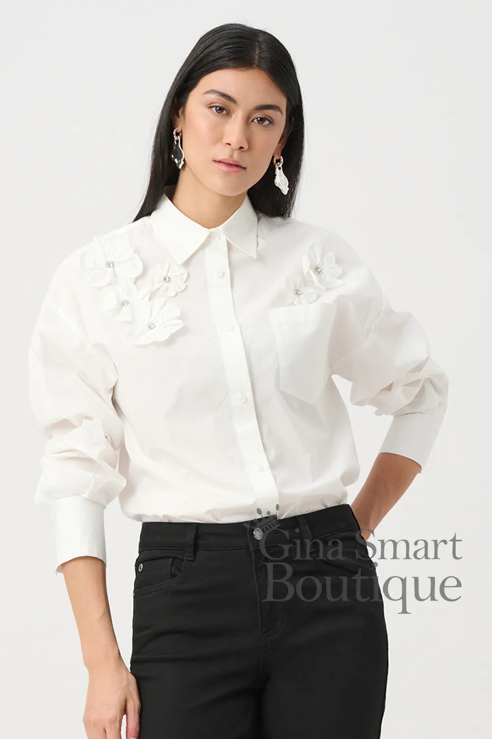 Joseph Ribkoff Cotton Poplin Blouse with 3D Flower 263924