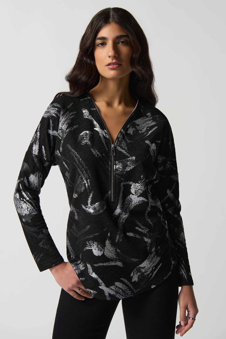 "Joseph Ribkoff Black/Silver Abstract Print Boxy Top Style 233207"