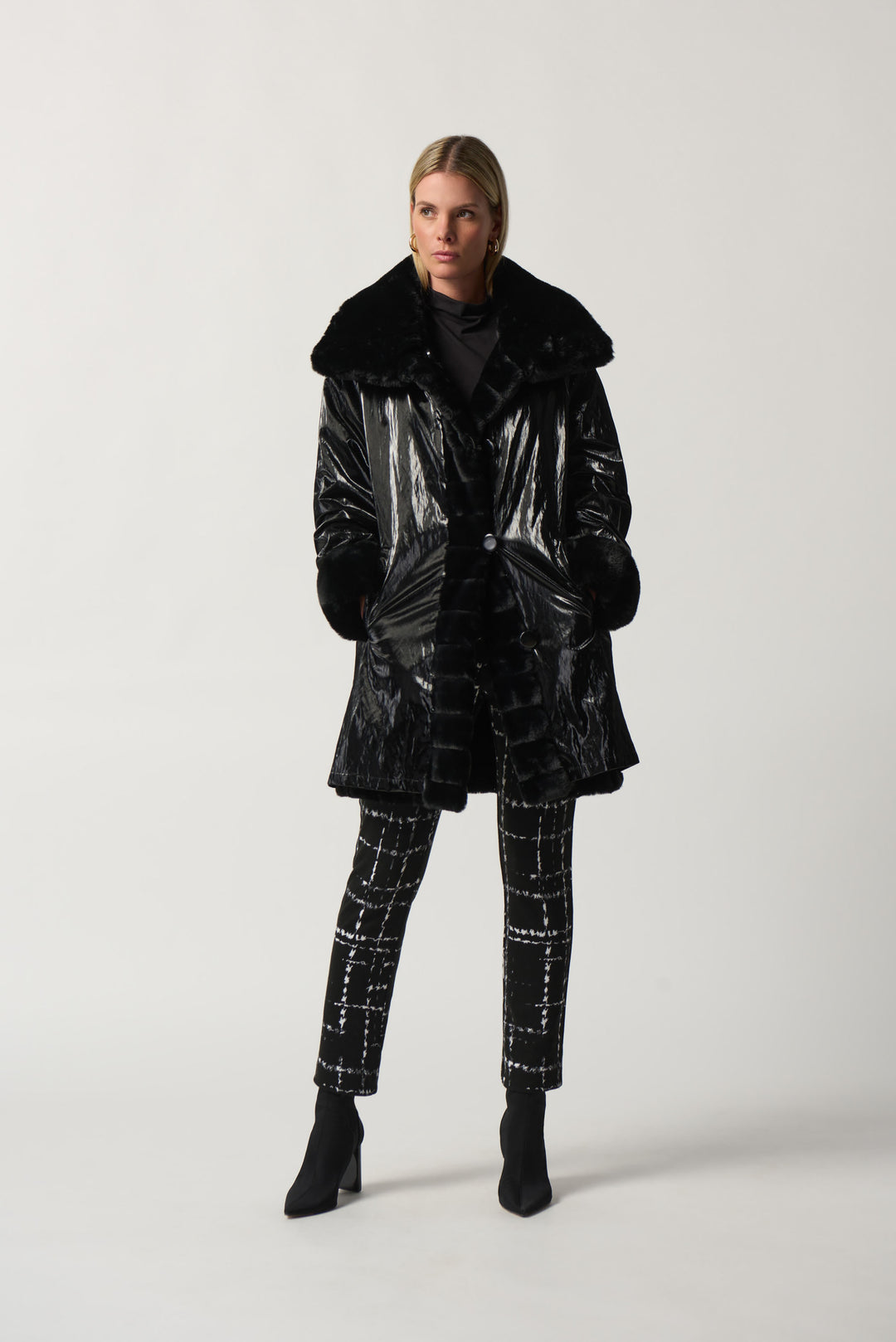 "Joseph Ribkoff Black Faux Fur Reversible Puffer Coat Style 233900"