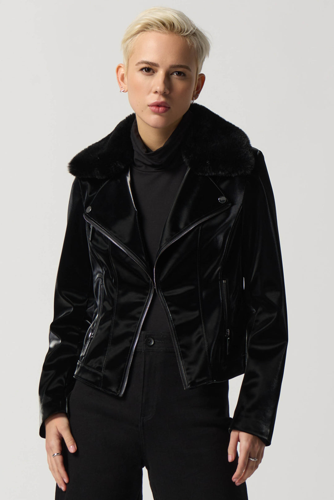 "Joseph Ribkoff Black Faux-Leather Moto Jacket Style 233928"