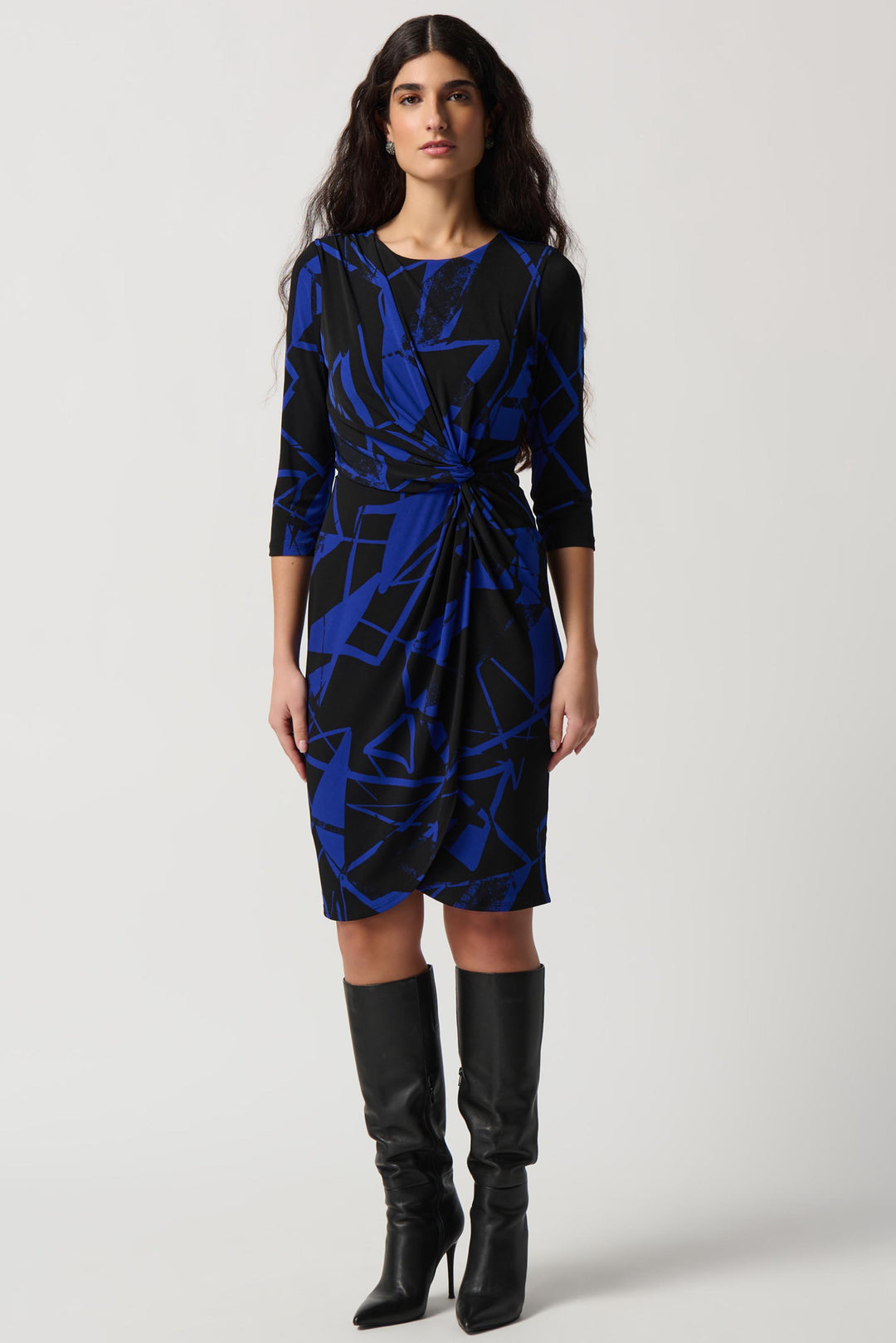 "Joseph Ribkoff Black/Royal Sapphire Geometric Print Silky Knit Sheath Dress Style 234059"