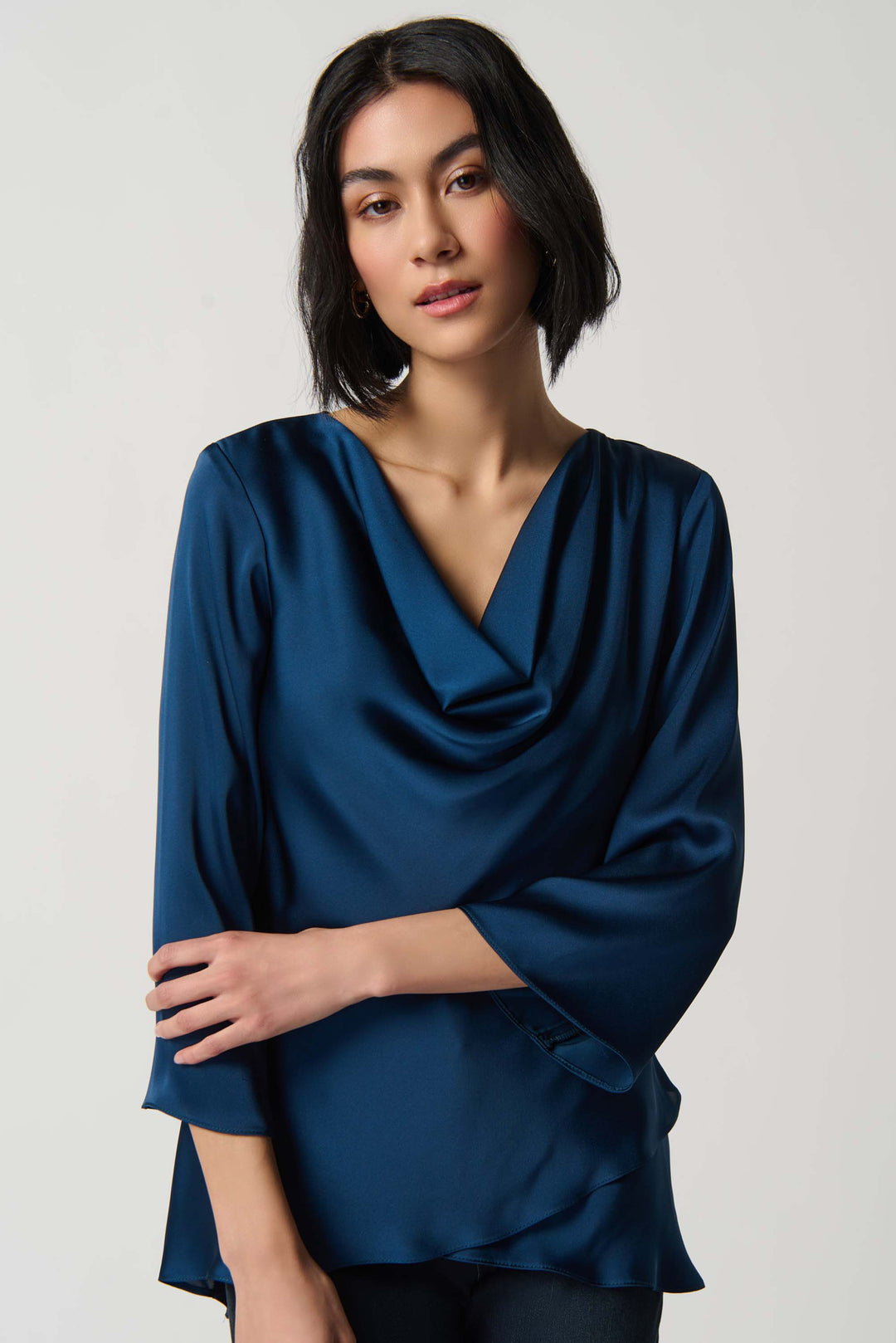 "Joseph Ribkoff Royal Sapphire Cowl Neckline Satin Flared Top Style 234082"