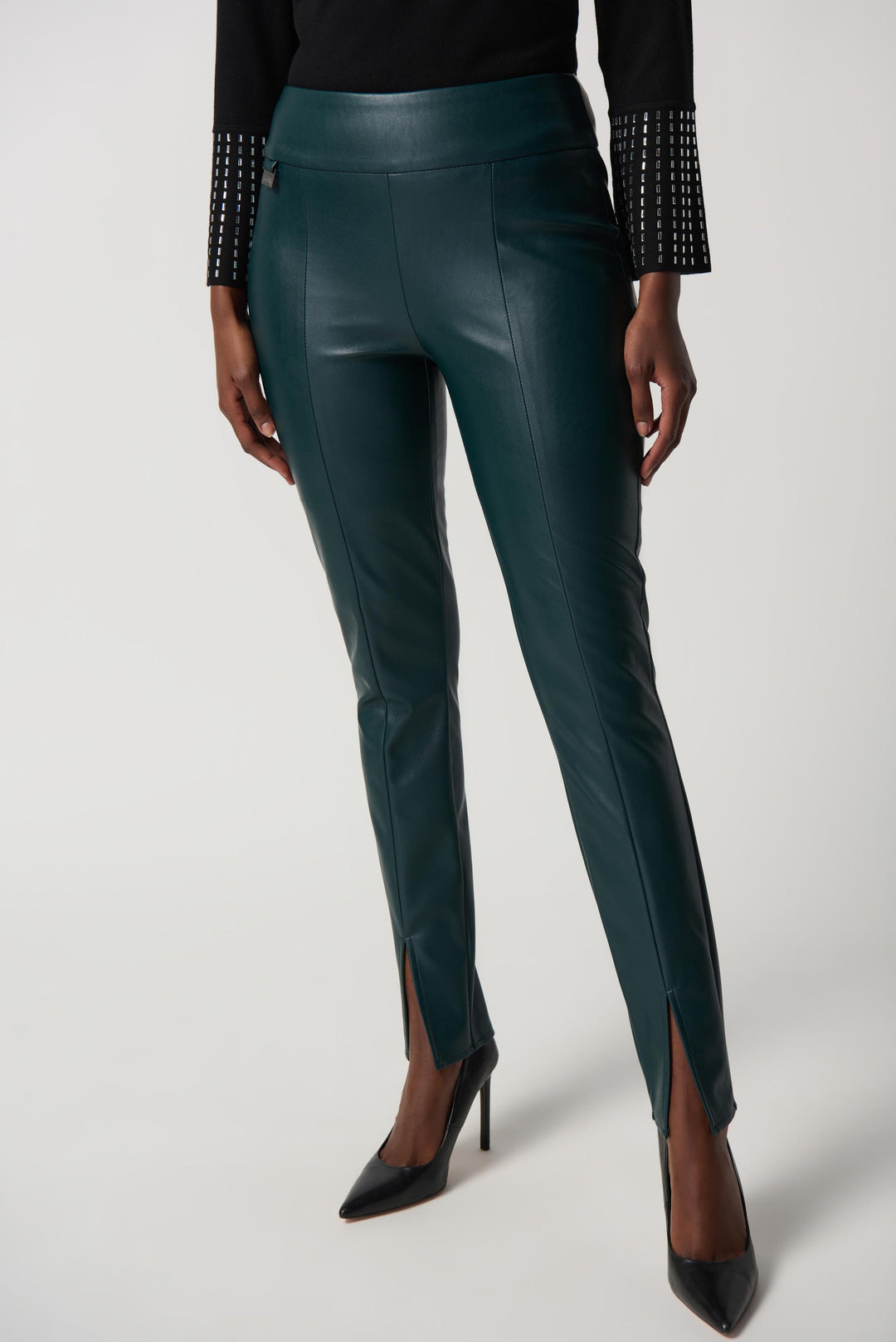 "Joseph Ribkoff Alpine Green Faux Leather Slim Fit Pull-On Pants Style 234148"