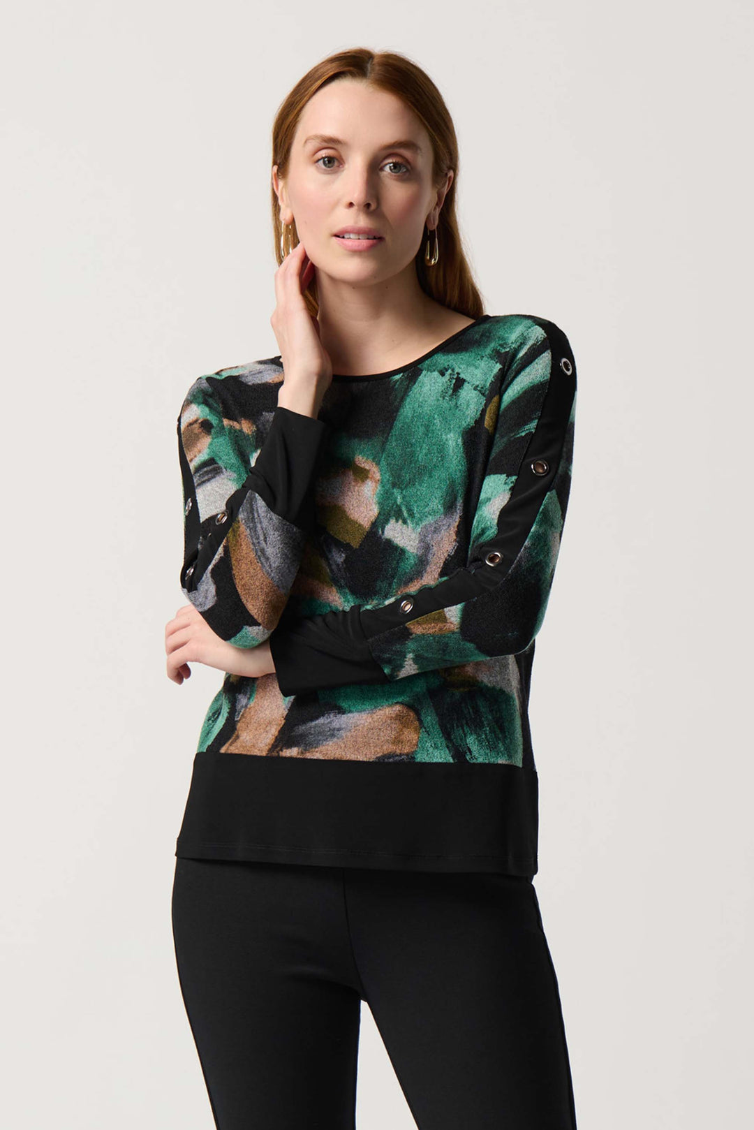 "Joseph Ribkoff Black/Multi Abstract Print Sweater Knit Top Style 234185"