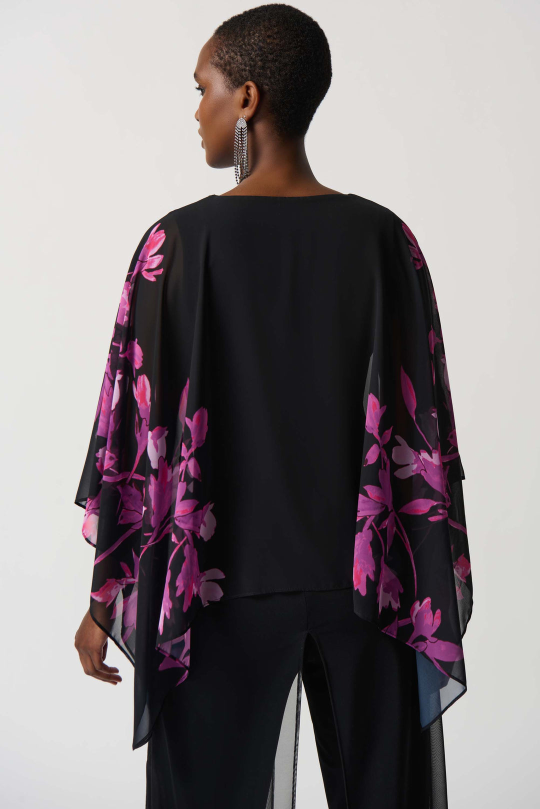 "Joseph Ribkoff Black/Pink Floral Chiffon Poncho With Rhinestone Neckline Style 234199"