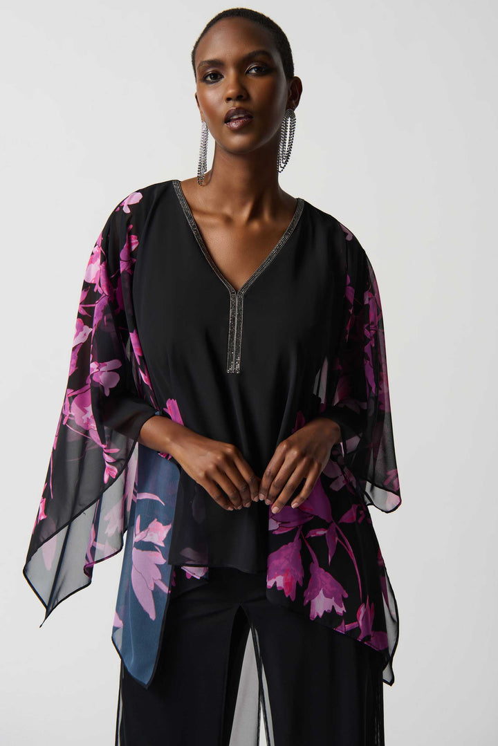 "Joseph Ribkoff Black/Pink Floral Chiffon Poncho With Rhinestone Neckline Style 234199"