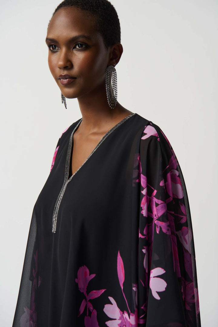 "Joseph Ribkoff Black/Pink Floral Chiffon Poncho With Rhinestone Neckline Style 234199"